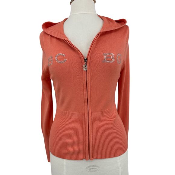 BCBG Hooded Cardigan Sweater Size Large Coral gem logo hooded zip up womens - Picture 1 of 10